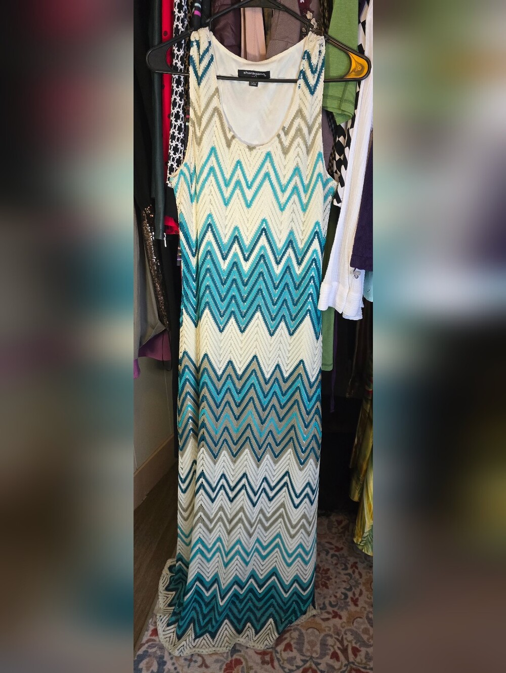 Sharagano Teal and White Chevron Maxi Dress